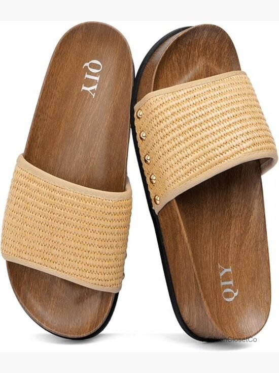 Shoes - Platform Sandals Studded Slide with Wood Grain Design Arch Support Summer
